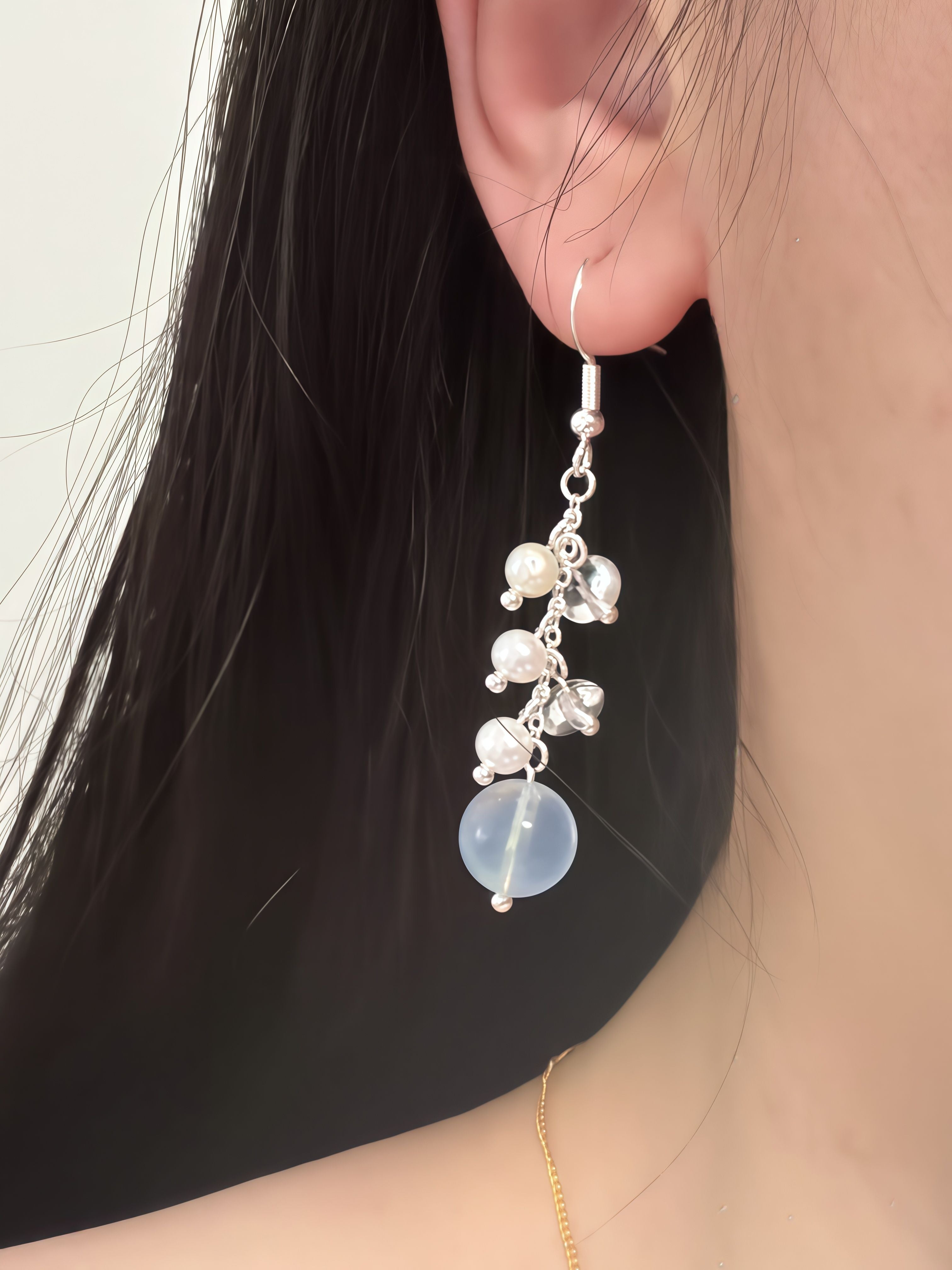 Oceanic Stardust | Handmade Aquamarine, Clear Quartz & Freshwater Pearl Crystal Earrings