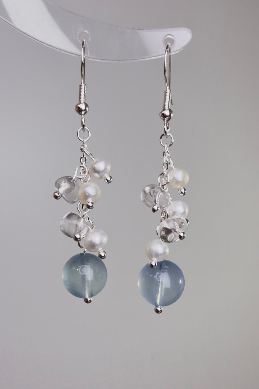 Oceanic Stardust | Handmade Aquamarine, Clear Quartz & Freshwater Pearl Crystal Earrings