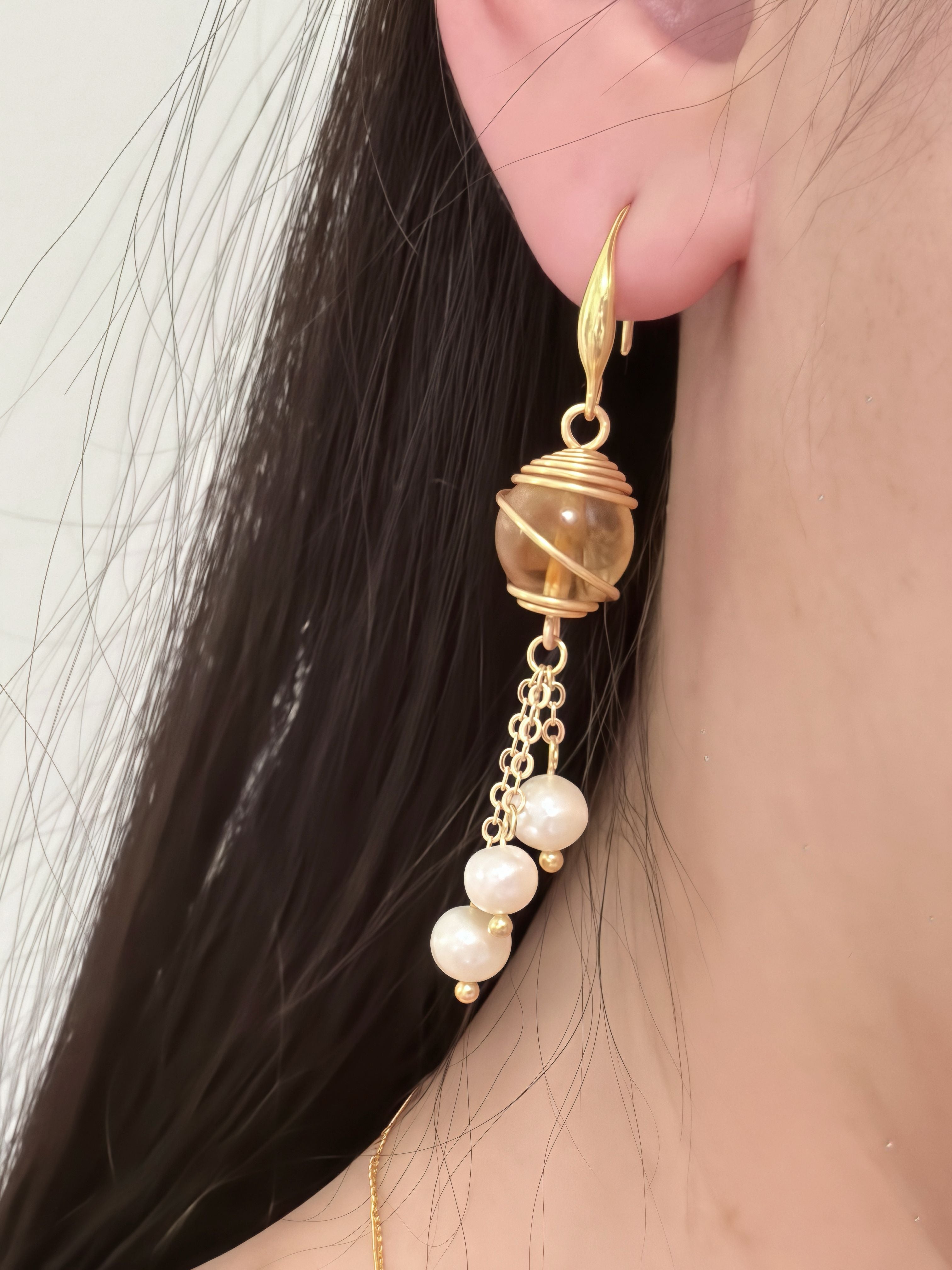 Honeyed Orbit | Golden Rutilated Quartz & Pearl Drop Earrings