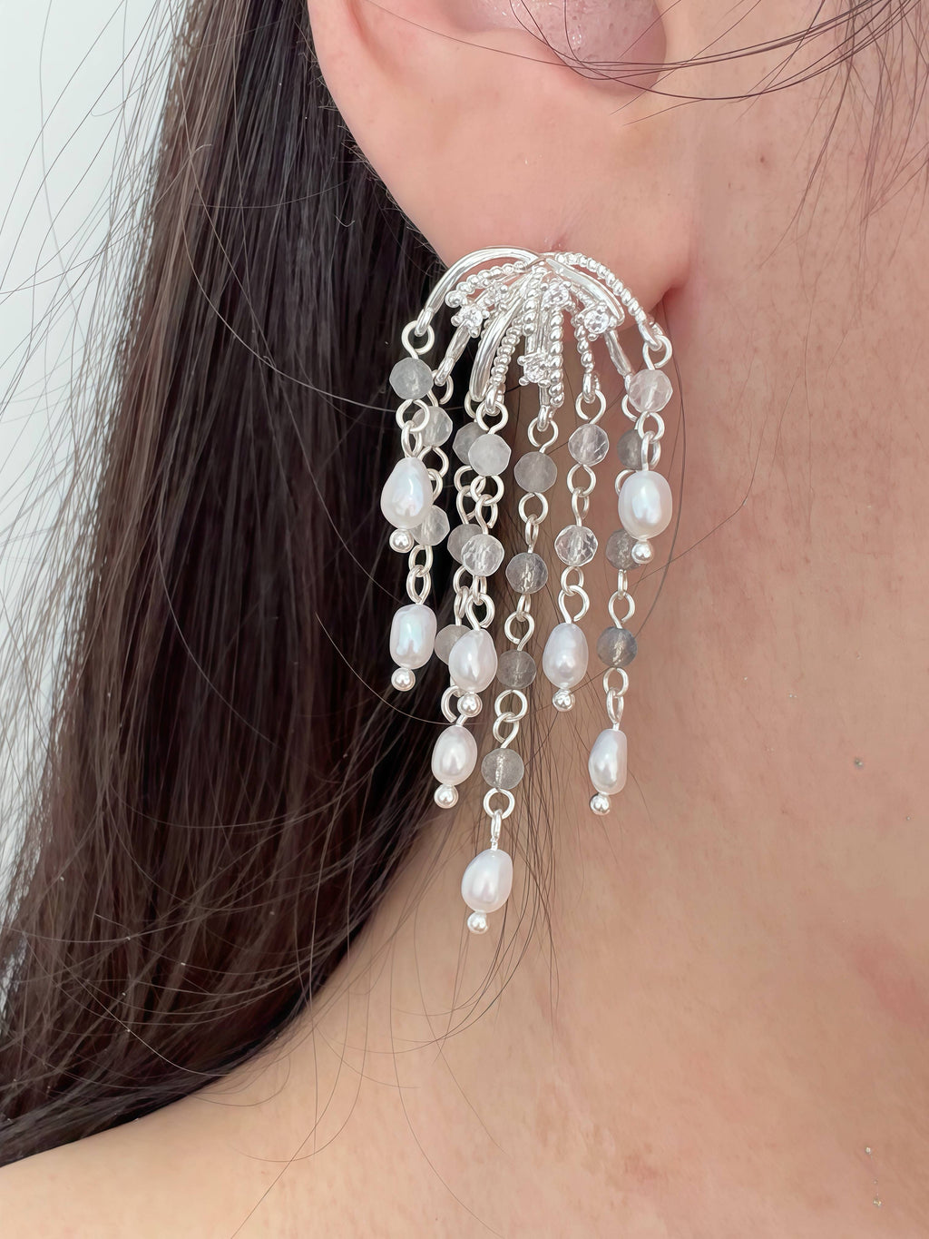 Firework Cascade Handcrafted Moonstone & Freshwater Pearl Drop Earrings