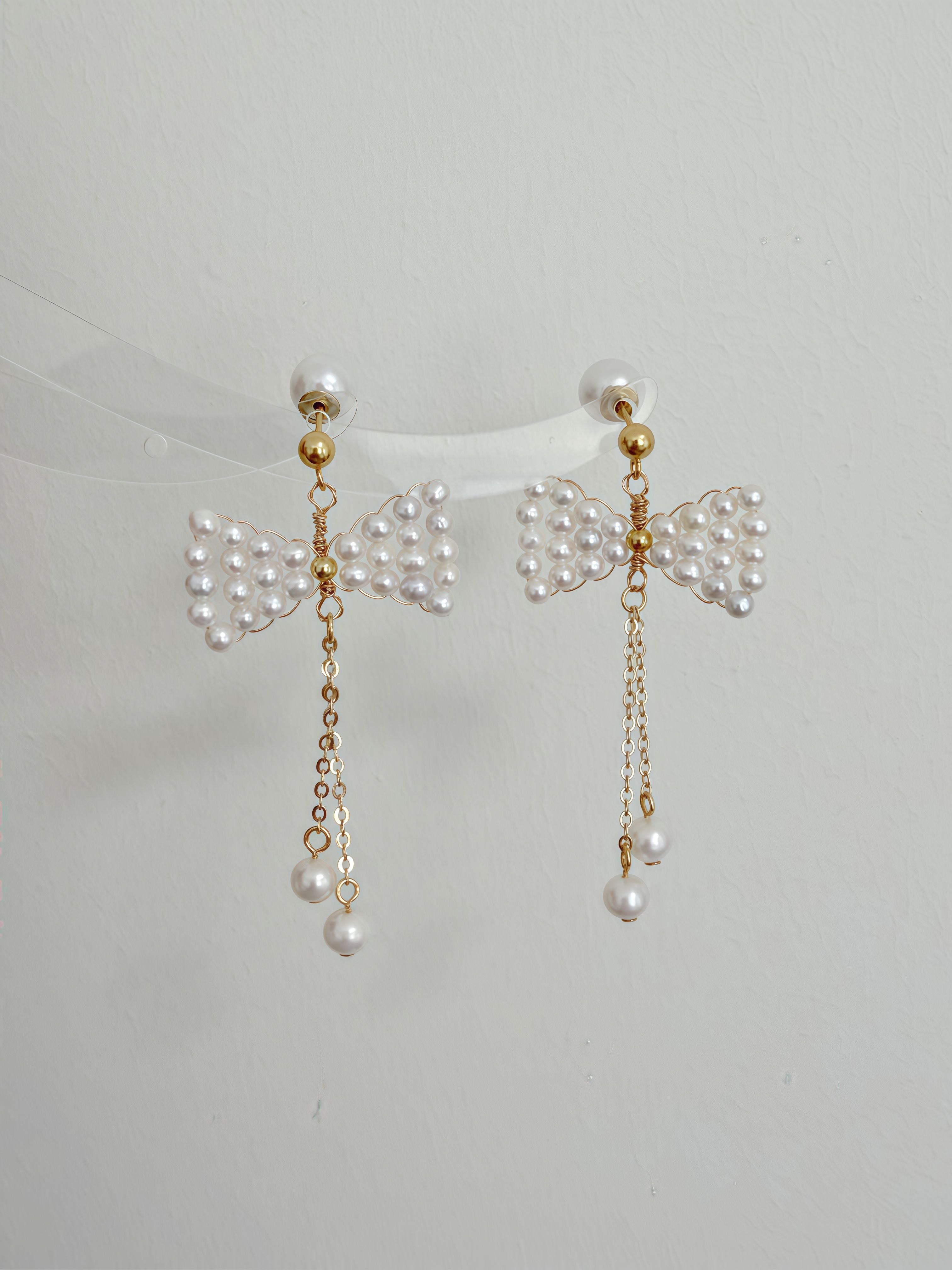 Pearl Bow Charm Handcrafted Freshwater Pearl Drop Earrings