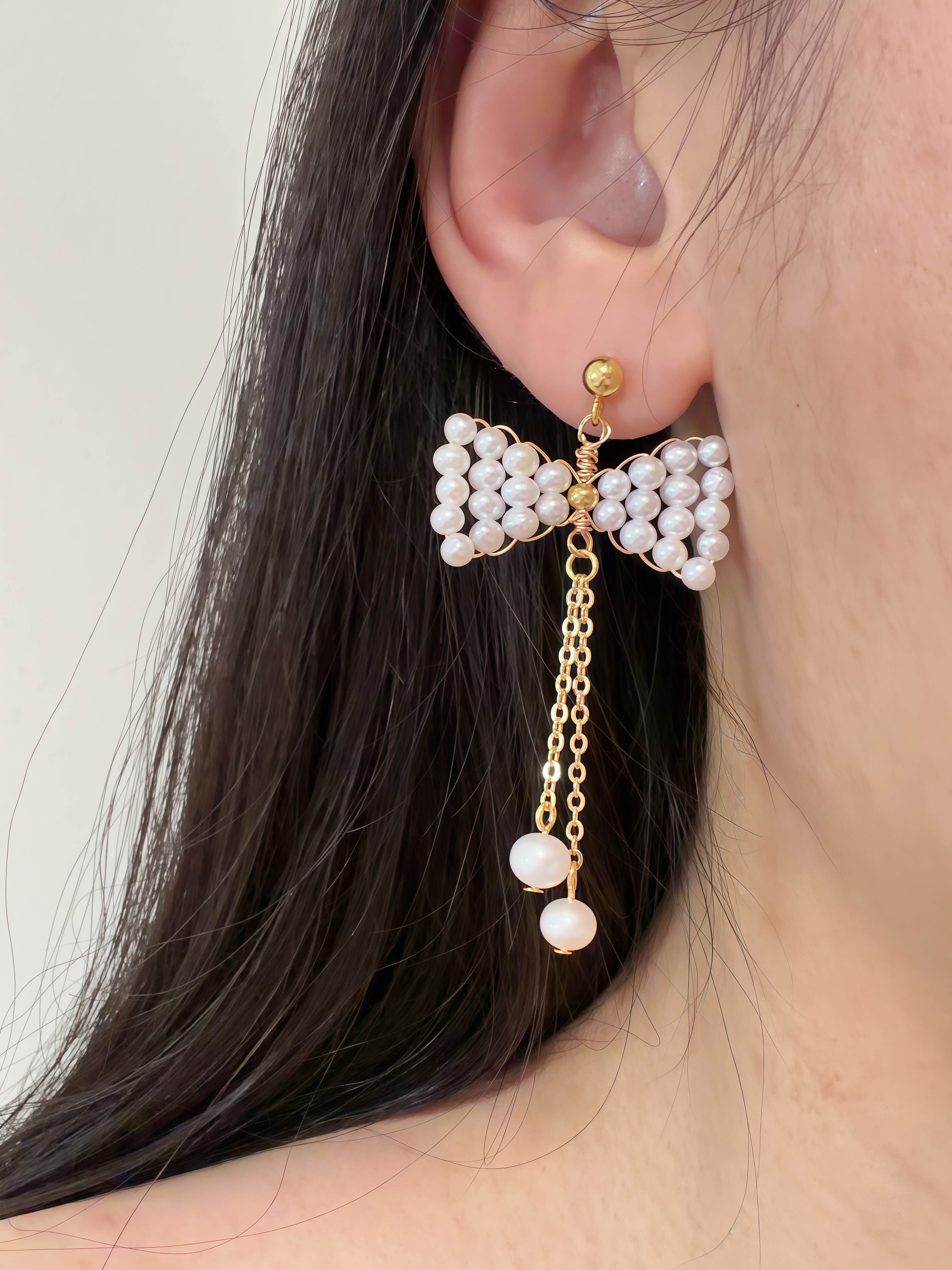 Pearl Bow Charm Handcrafted Freshwater Pearl Drop Earrings