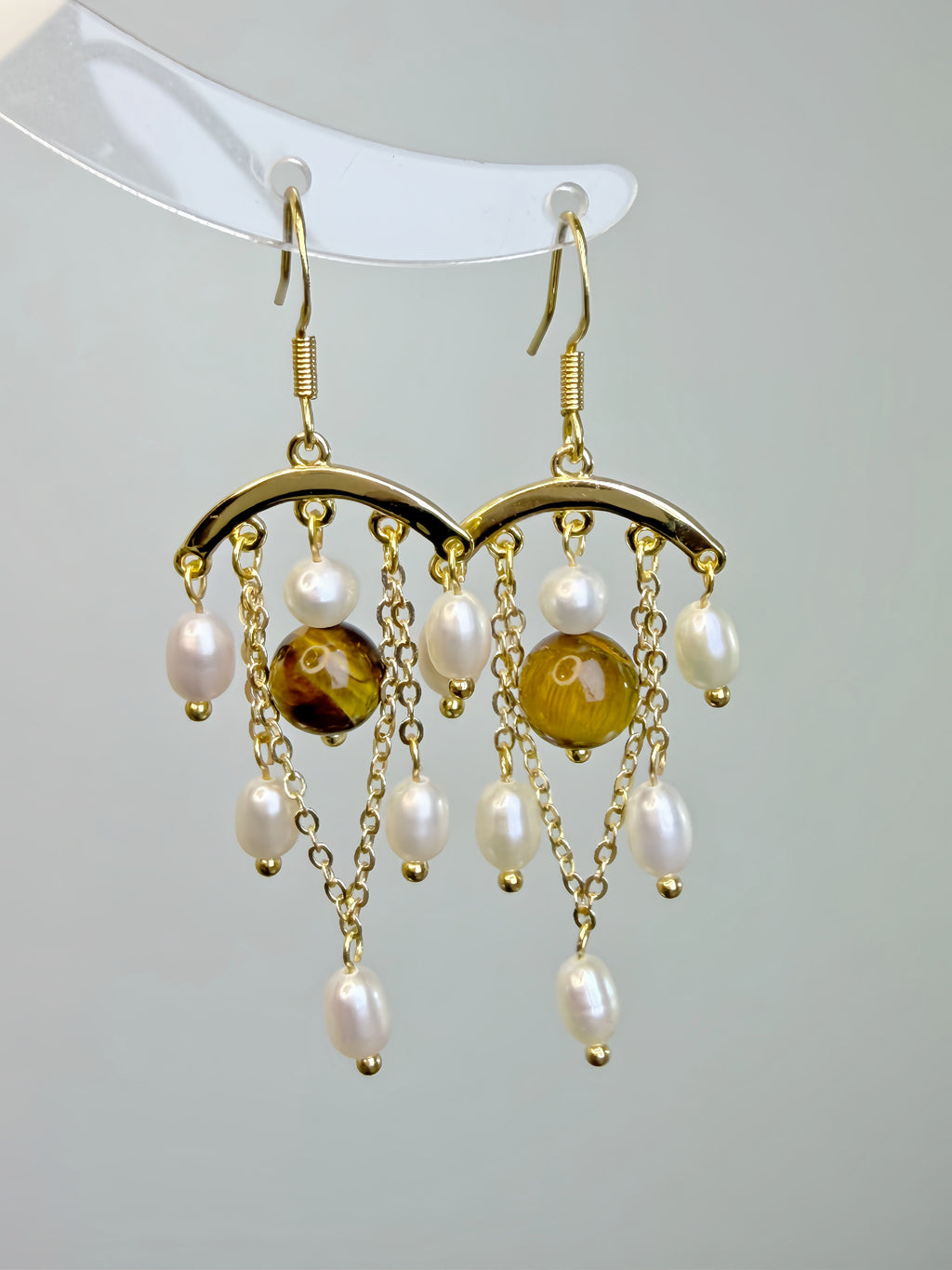 Amber Whisper | Tiger’s Eye & Pearl Tassel Earrings