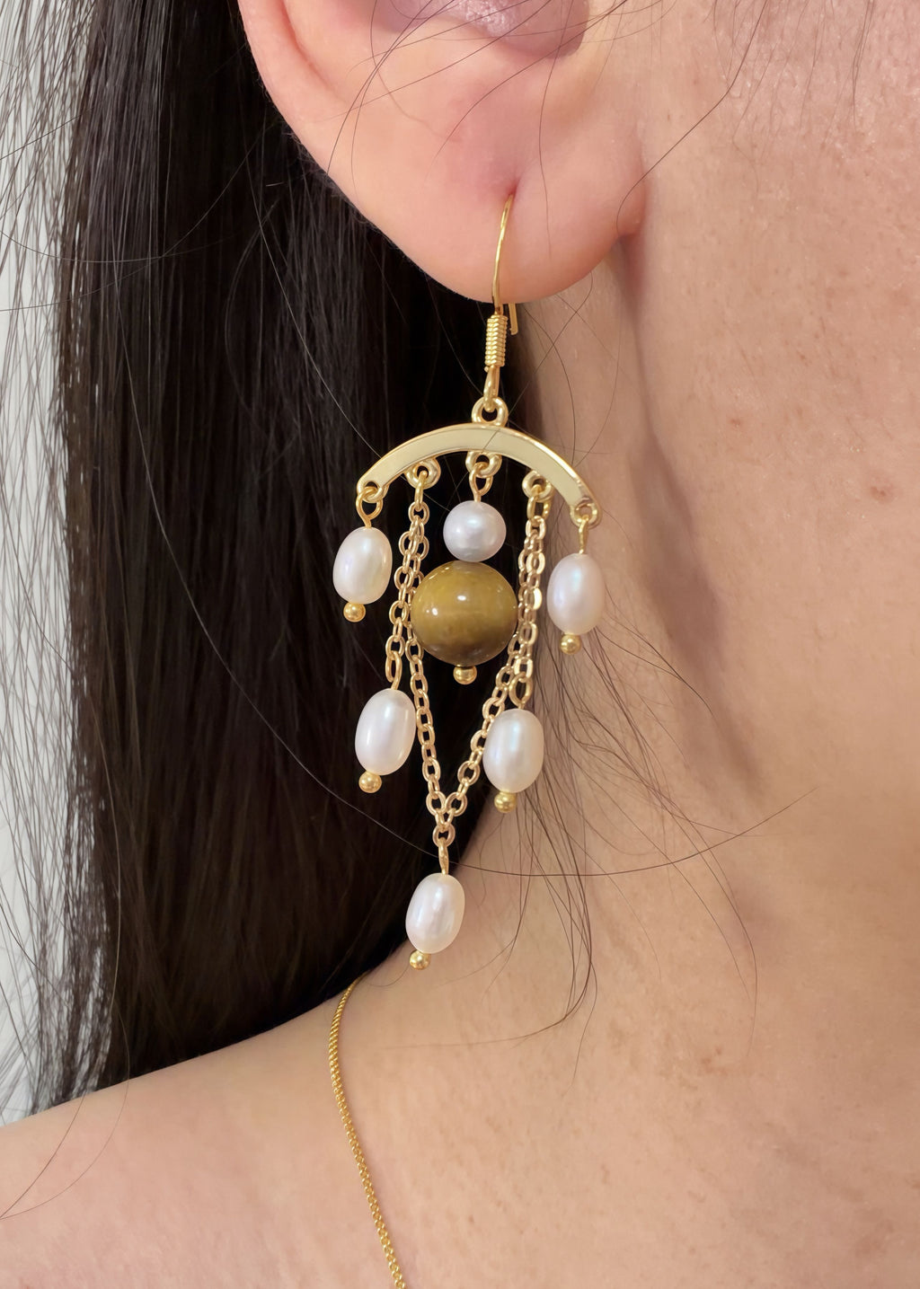 Amber Whisper | Tiger’s Eye & Pearl Tassel Earrings