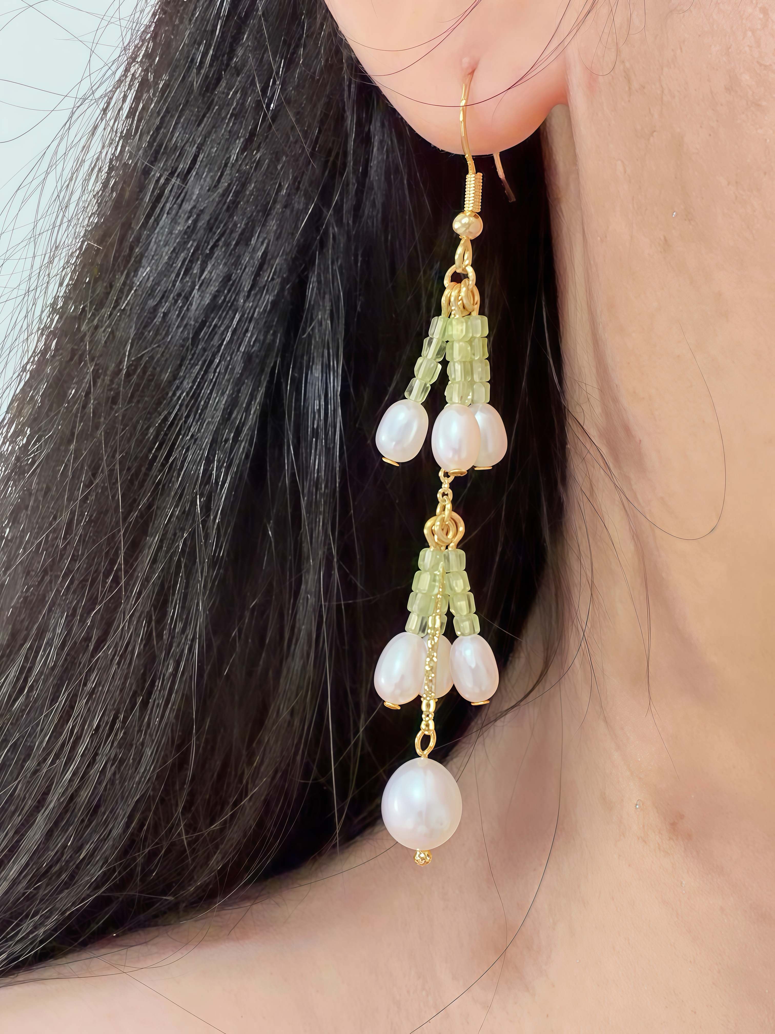 Lily of the Valley Handcrafted Peridot & Freshwater Pearl Drop Earrings