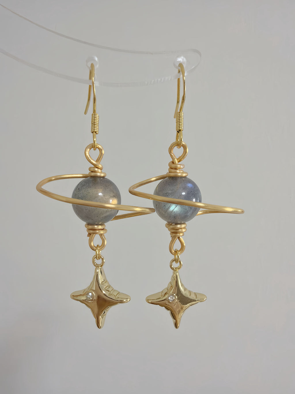 Stellar Dream Hand-Wired Grey Moonstone Star Earrings
