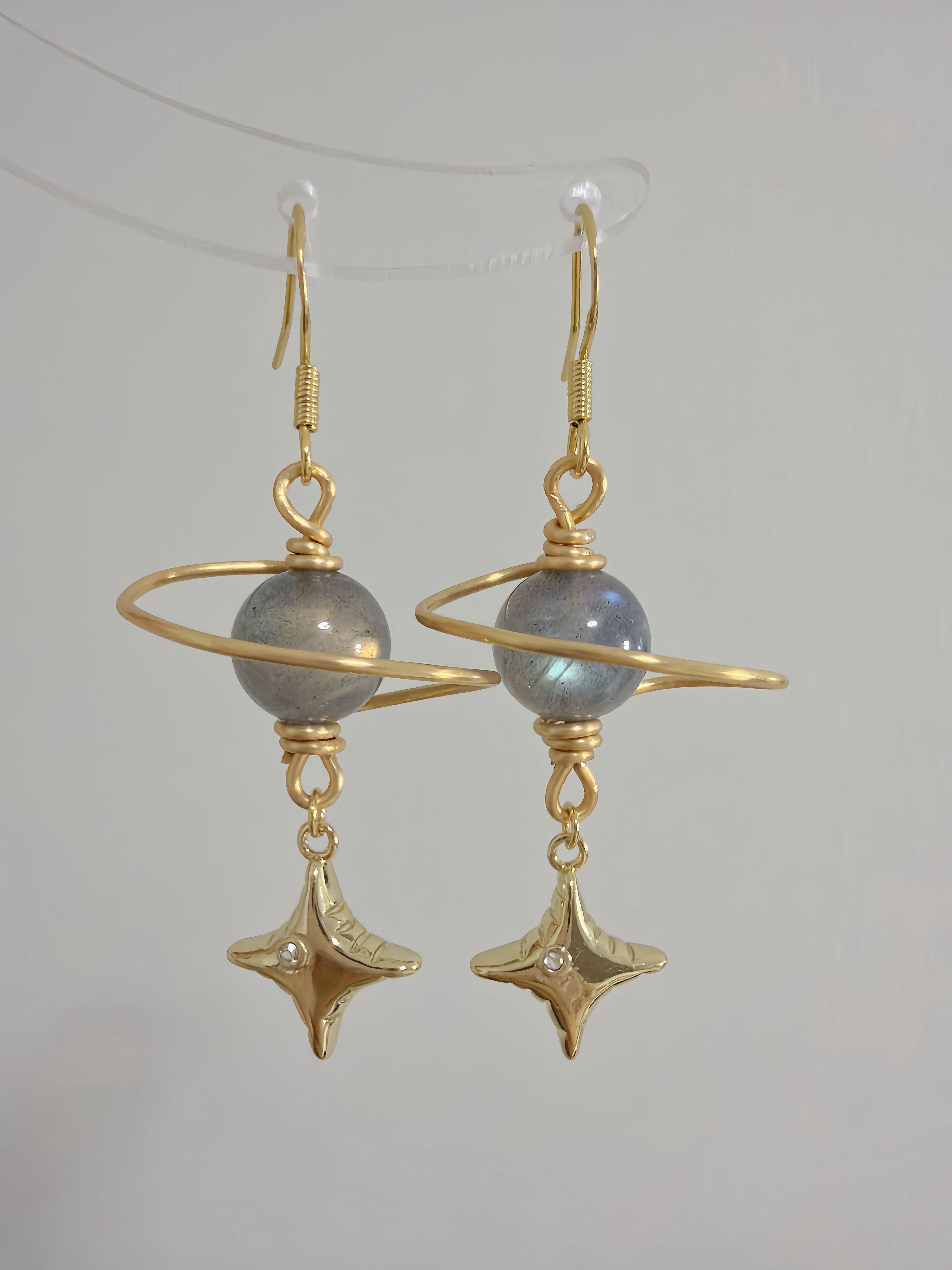 Stellar Dream Hand-Wired Grey Moonstone Star Earrings