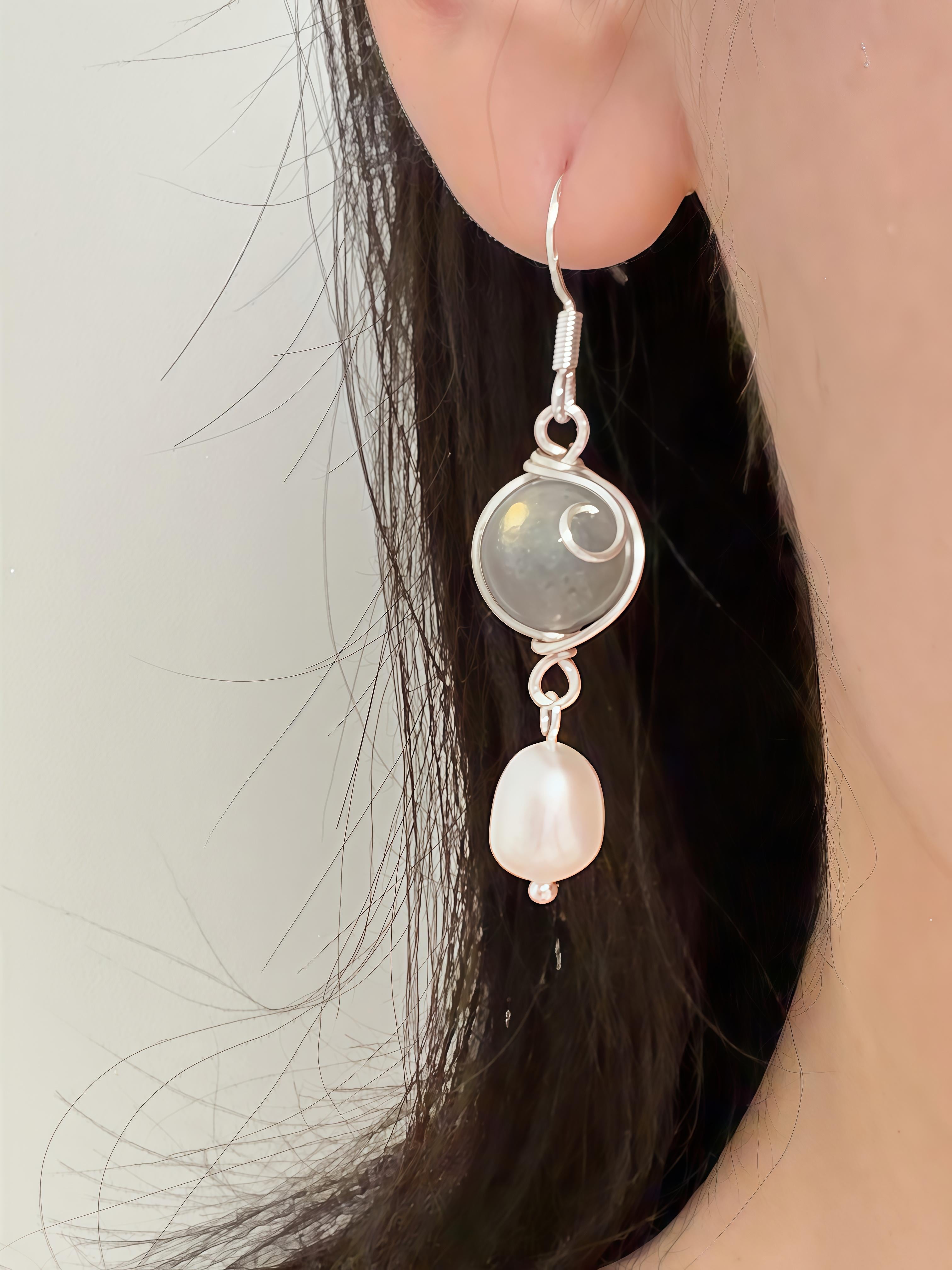 Moonlit Spiral Hand-Wired Labradorite & Oval Freshwater Pearl Drop Earrings