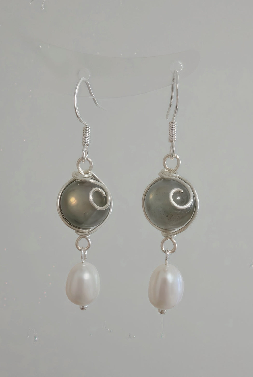 Moonlit Spiral Hand-Wired Labradorite & Oval Freshwater Pearl Drop Earrings