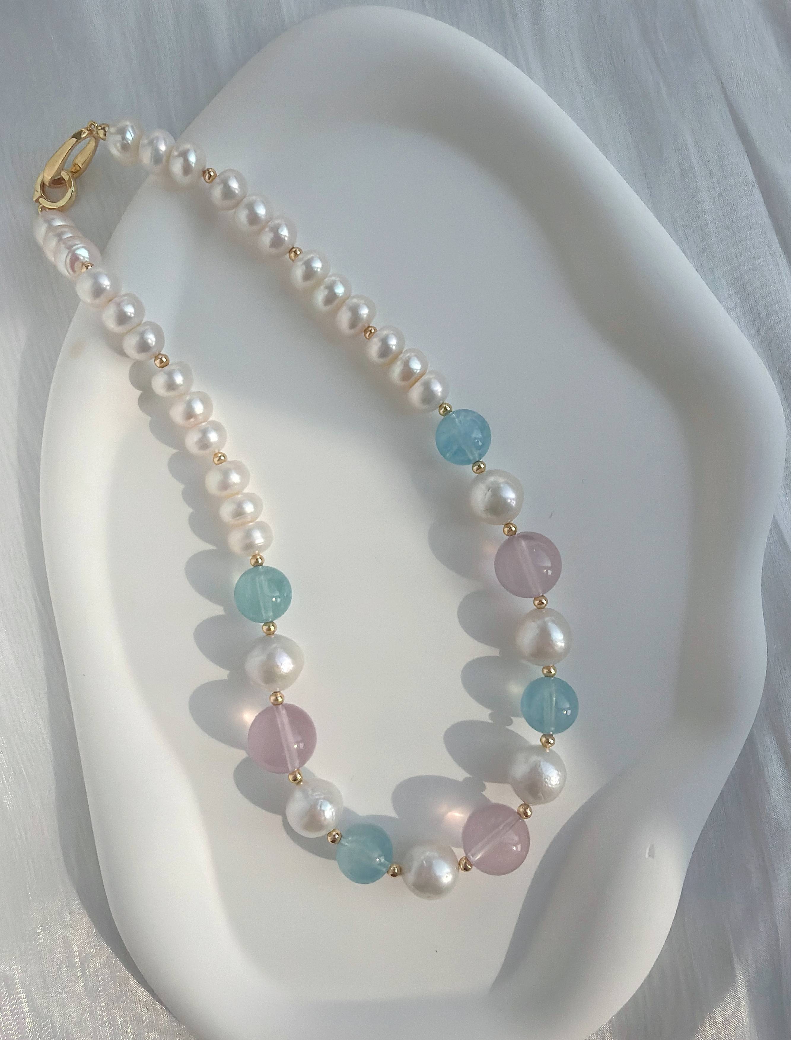 Pastel Dream Handcrafted Rose Quartz, Aquamarine & Freshwater Pearl Necklace