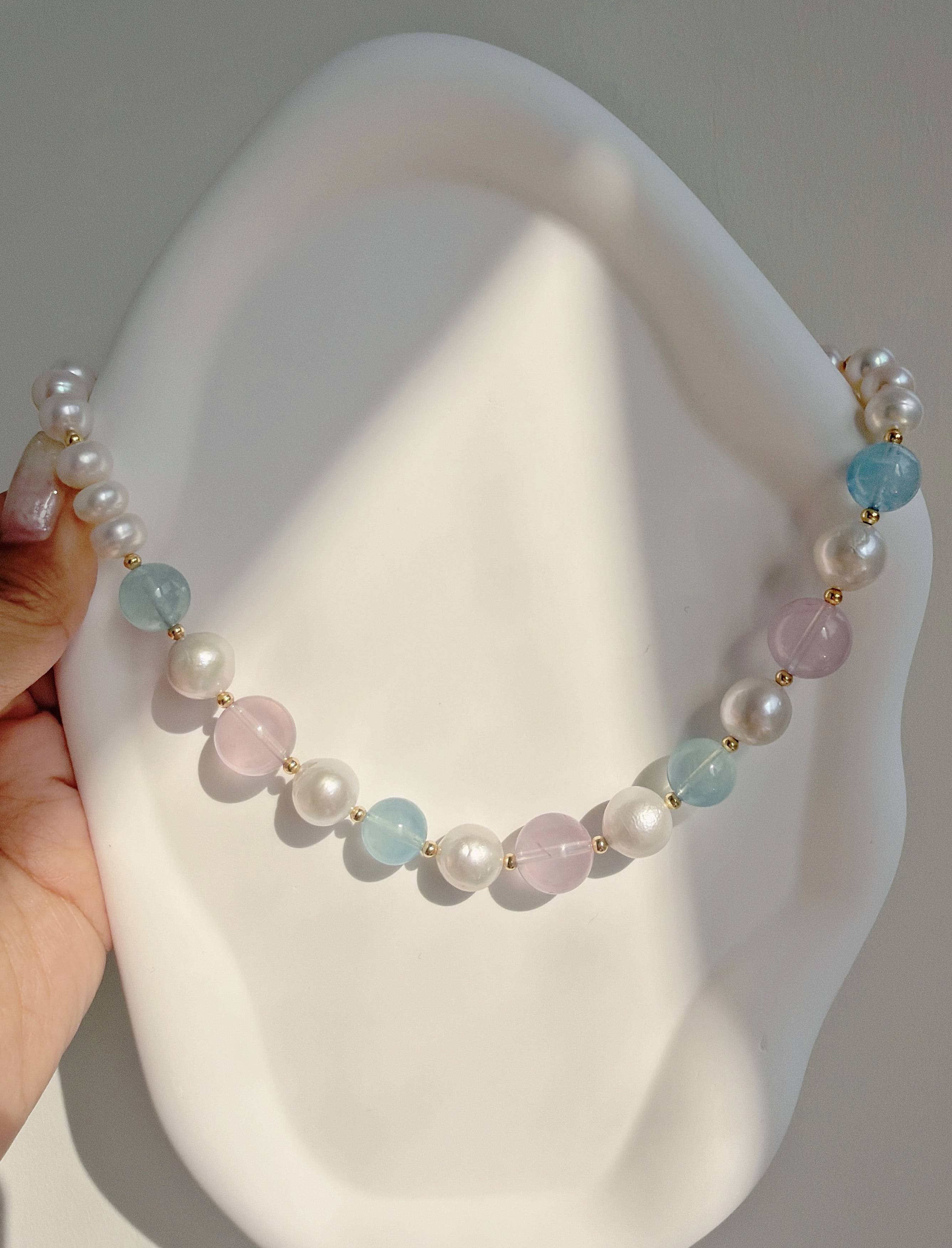 Pastel Dream Handcrafted Rose Quartz, Aquamarine & Freshwater Pearl Necklace