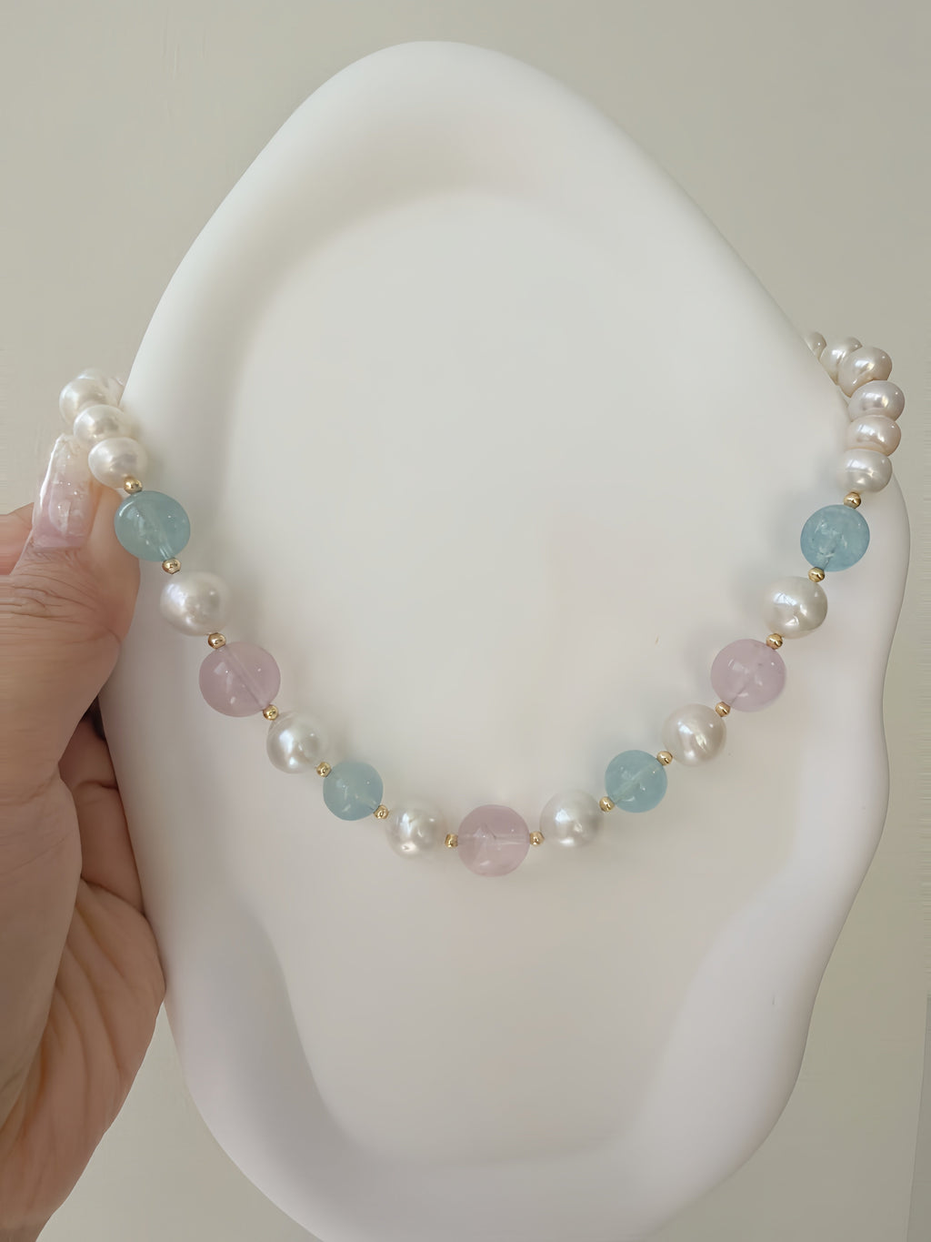 Pastel Dream Handcrafted Rose Quartz, Aquamarine & Freshwater Pearl Necklace