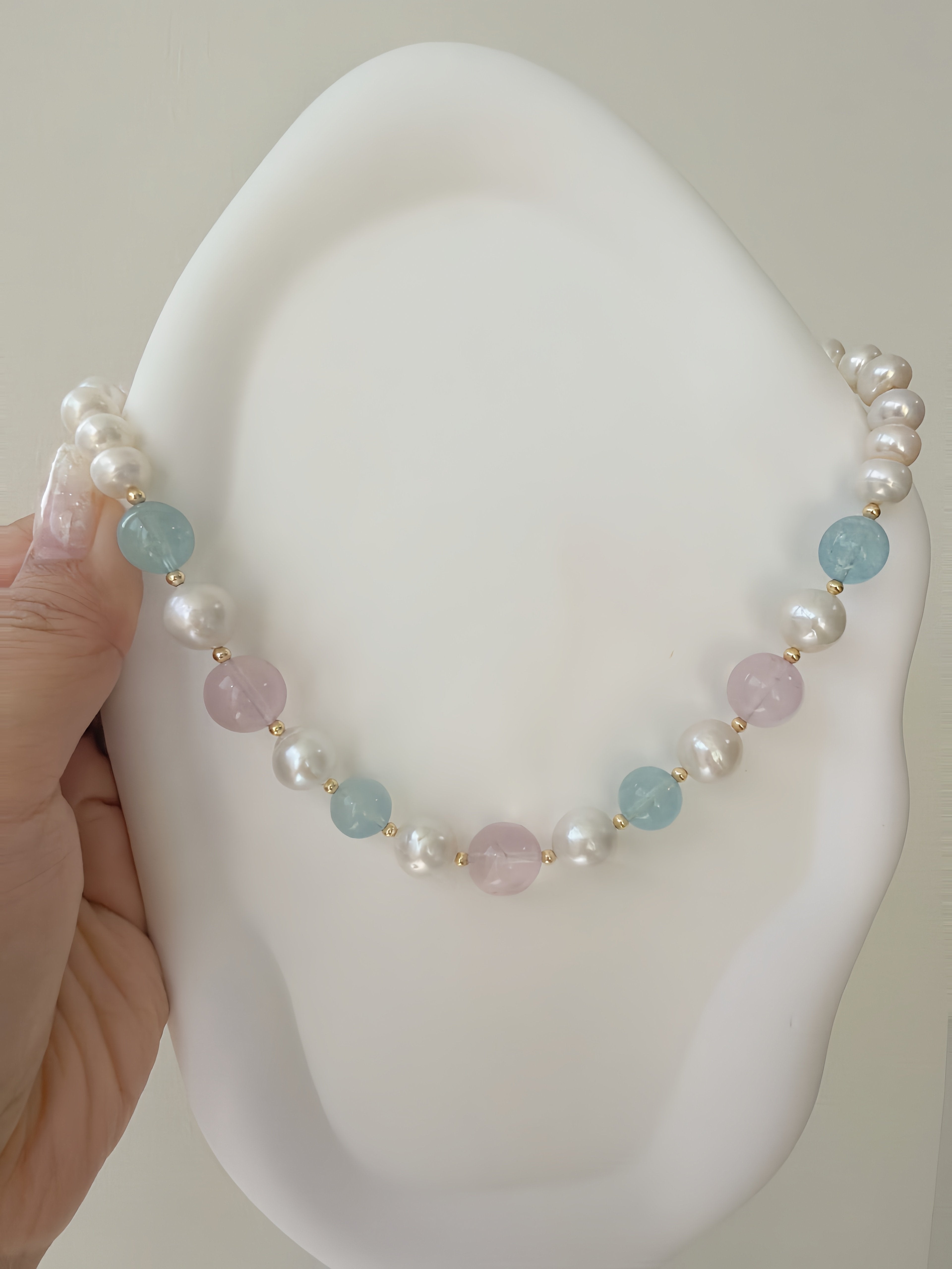 Pastel Dream Handcrafted Rose Quartz, Aquamarine & Freshwater Pearl Necklace