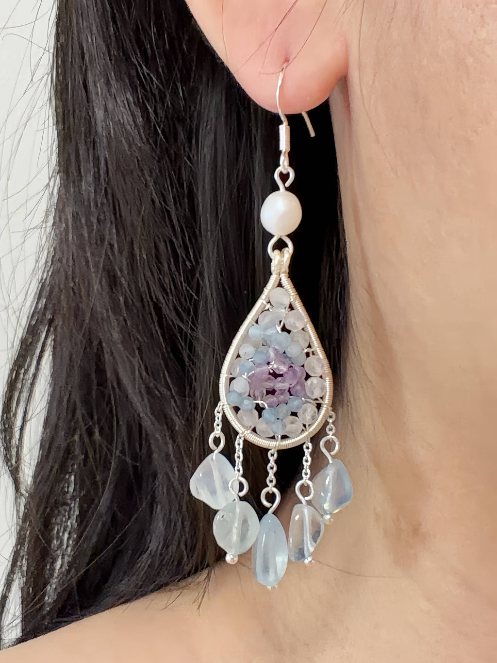 Aqua Bloom Hand-Wired Aquamarine, Amethyst & Moonstone Teardrop Earrings