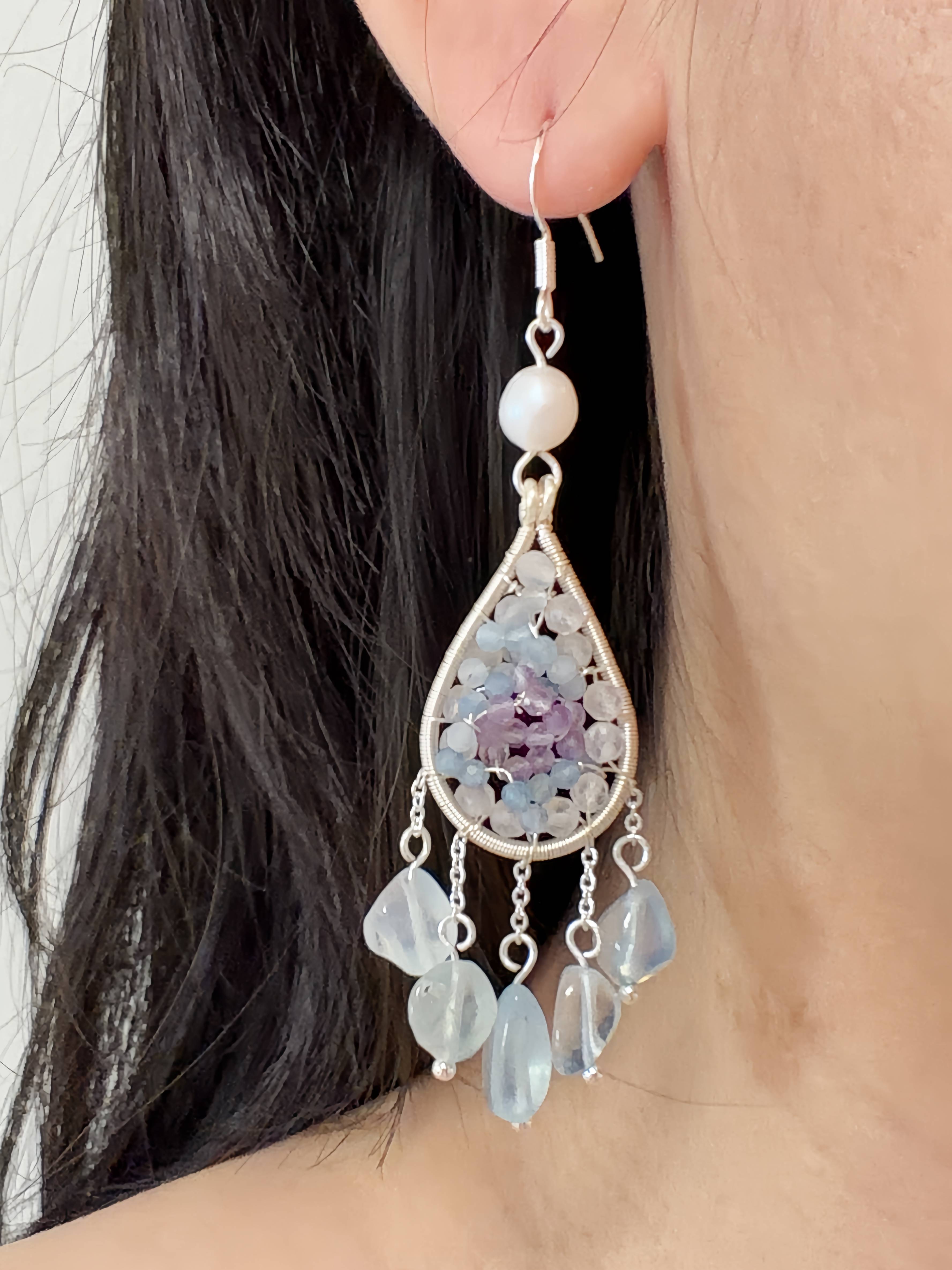 Aqua Bloom Hand-Wired Aquamarine, Amethyst & Moonstone Teardrop Earrings