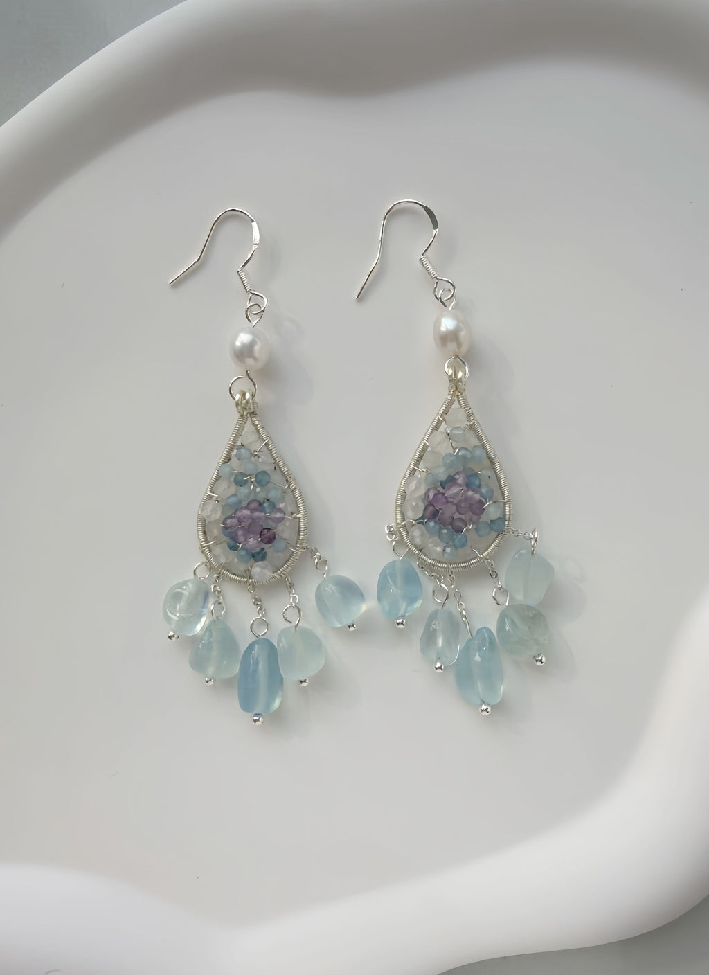 Aqua Bloom Hand-Wired Aquamarine, Amethyst & Moonstone Teardrop Earrings