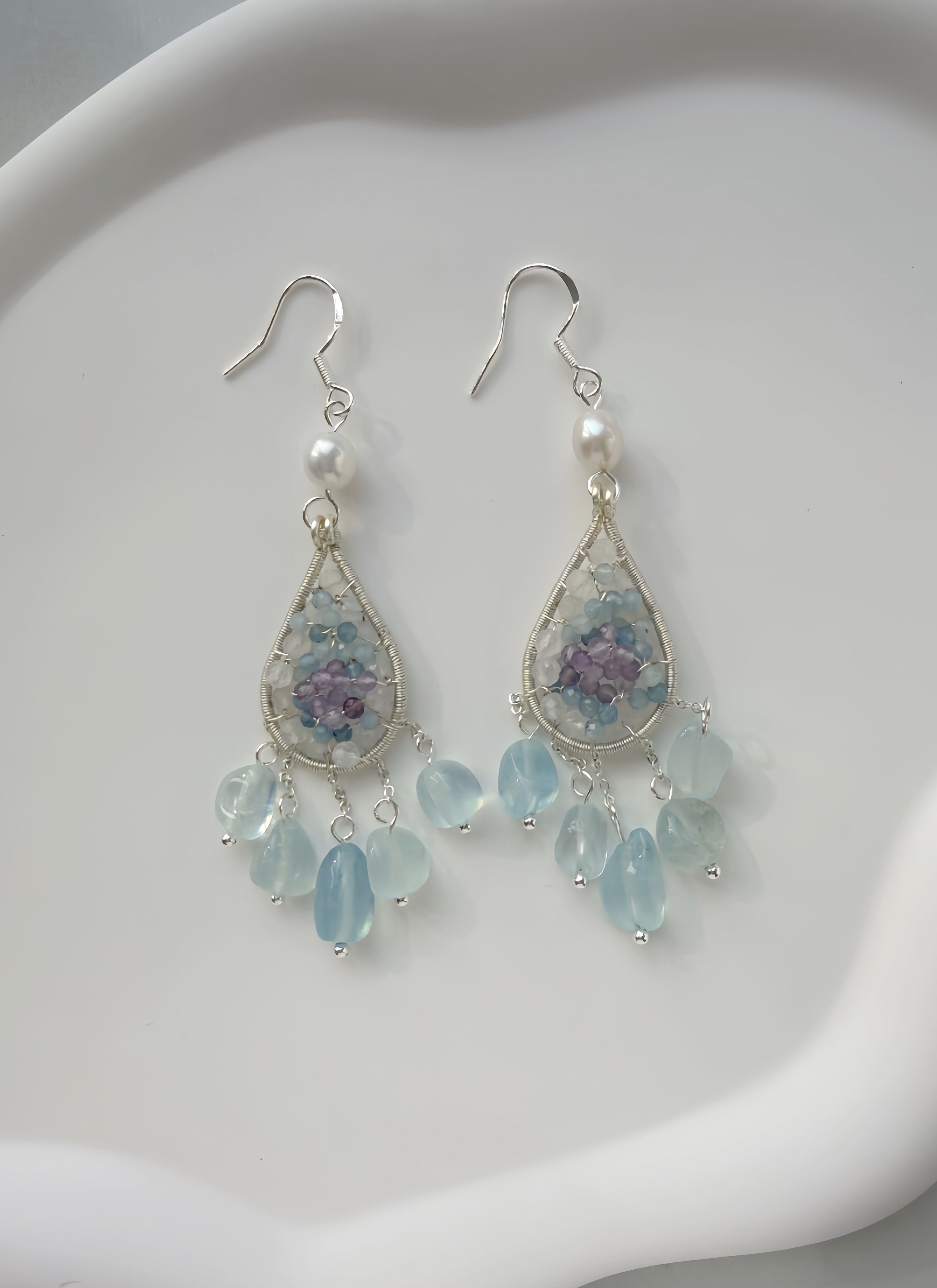 Aqua Bloom Hand-Wired Aquamarine, Amethyst & Moonstone Teardrop Earrings