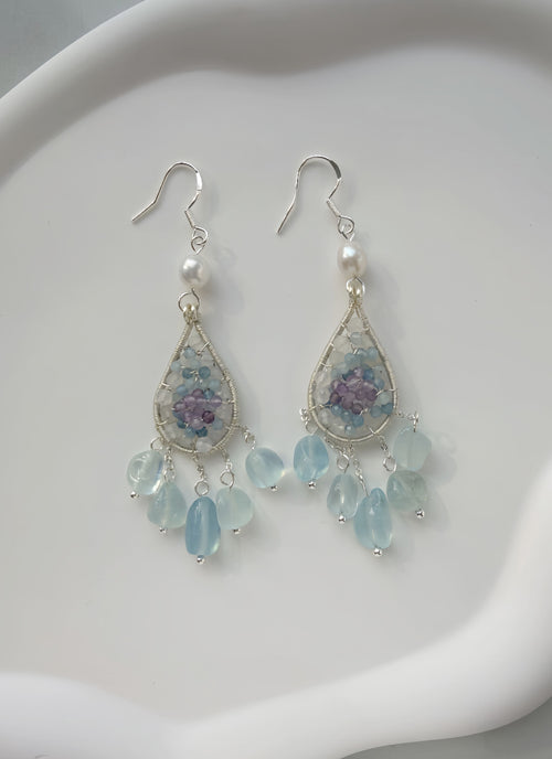 Aqua Bloom Hand-Wired Aquamarine, Amethyst & Moonstone Teardrop Earrings