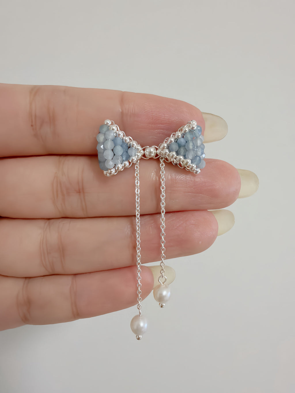 Sky Bow Hand-Woven Aquamarine & Freshwater Pearl Bow Earrings
