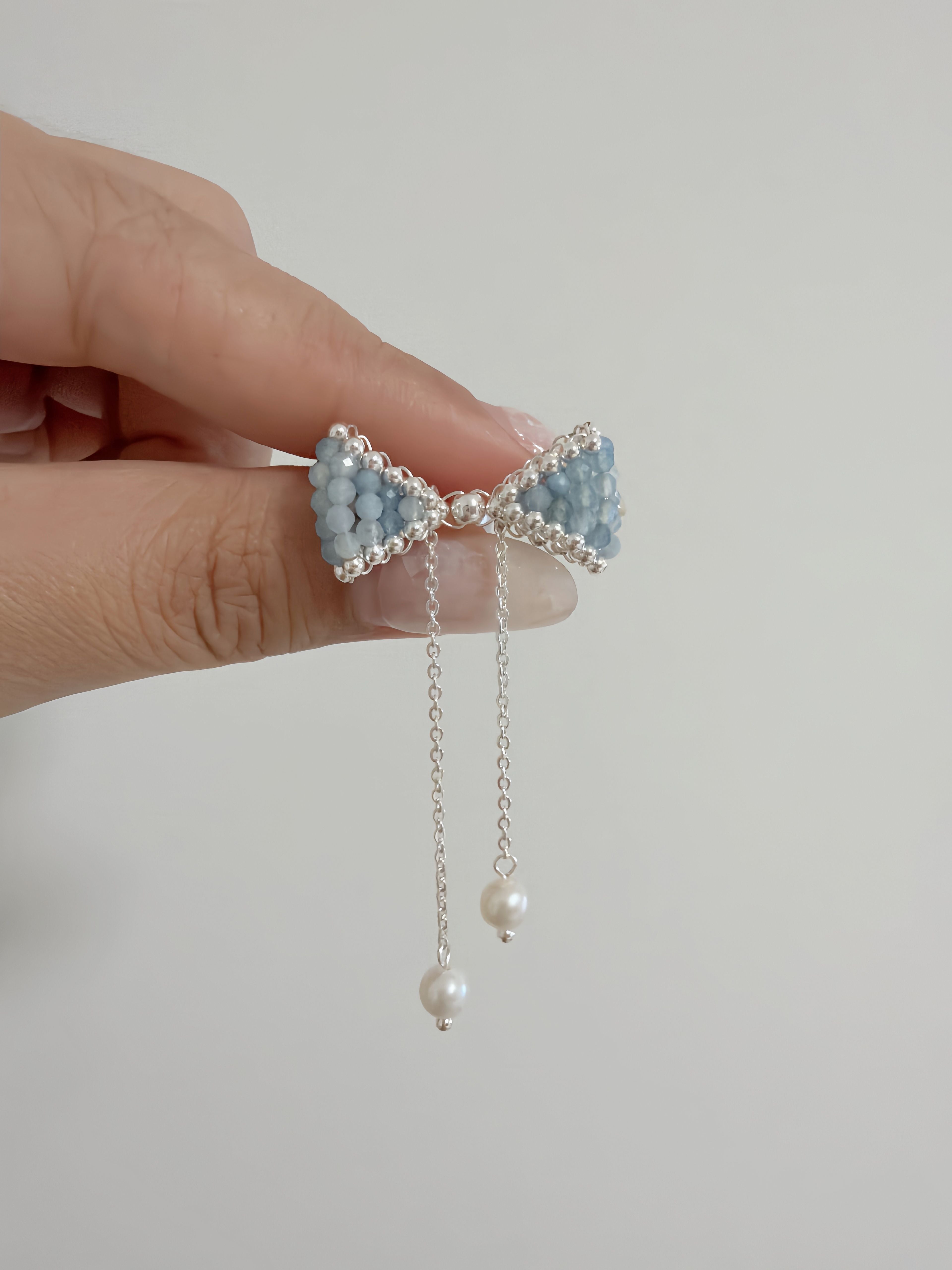Sky Bow Hand-Woven Aquamarine & Freshwater Pearl Bow Earrings