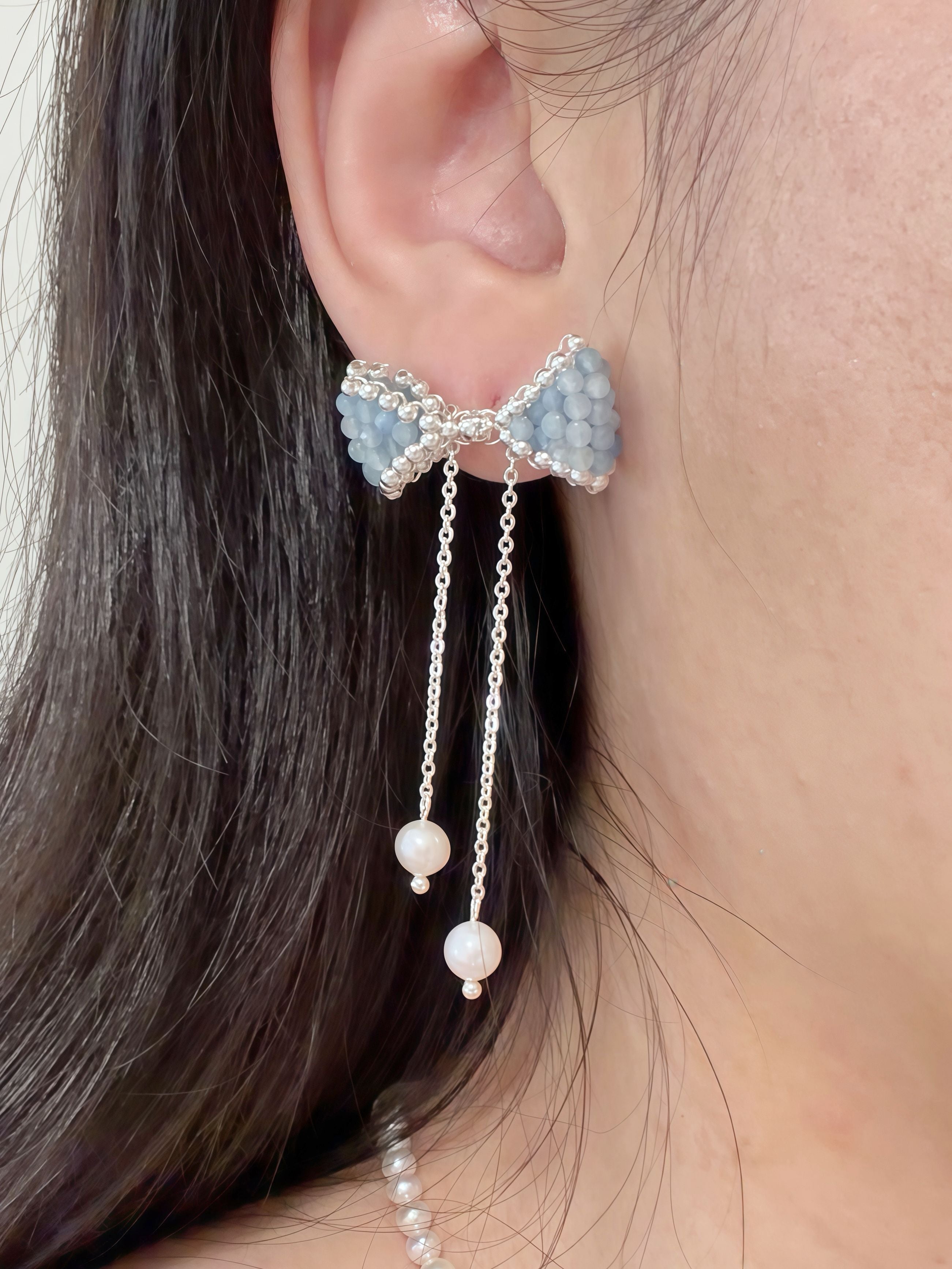 Sky Bow Hand-Woven Aquamarine & Freshwater Pearl Bow Earrings
